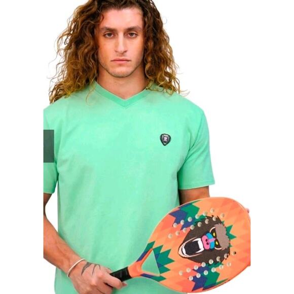 Mad Chuck Tee Shirt V Neck Neon Yellow S/S Men M Embroidered Baboon Monkey - Picture 3 of 6